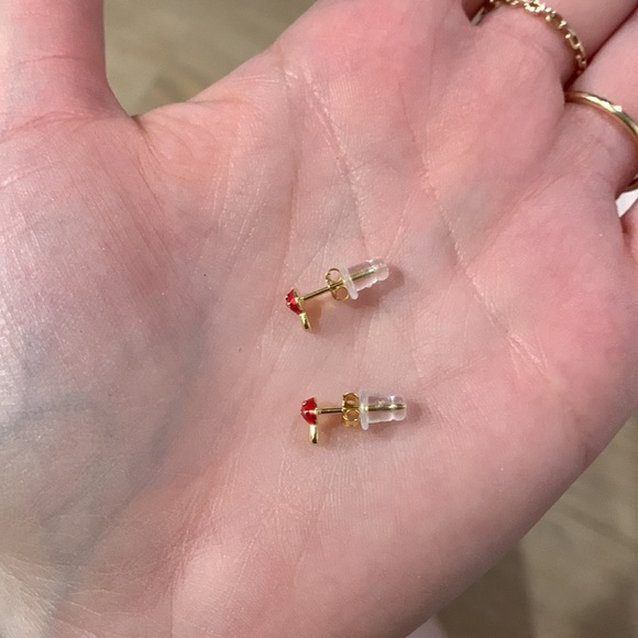 Dainty petite tiny red & gold mushroom earrings - Picture 5 of 5